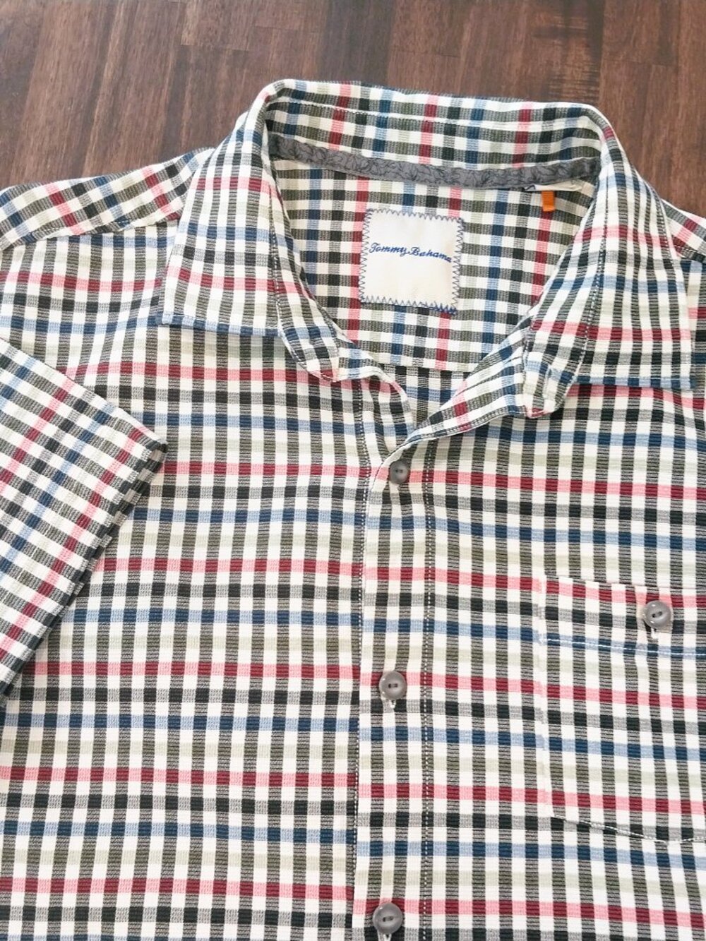 Tommy Bahama 100% Silk Shirt Mens XL Red Blue Black Check Short Sleeve Button Up
